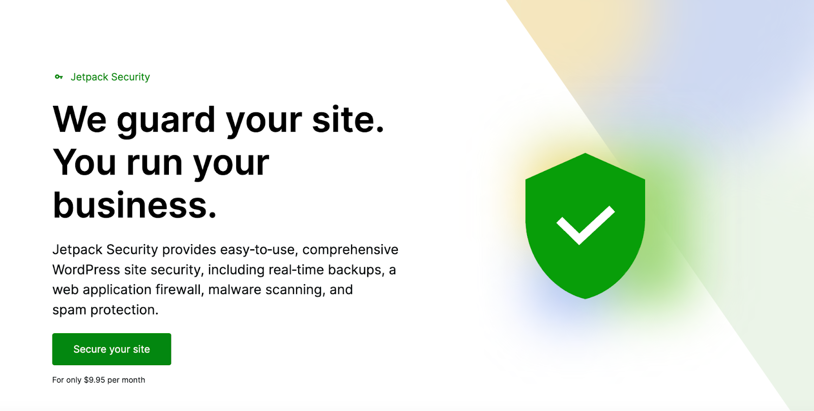 Jetpack Security homepage with the text "We guard your site. You run your business."