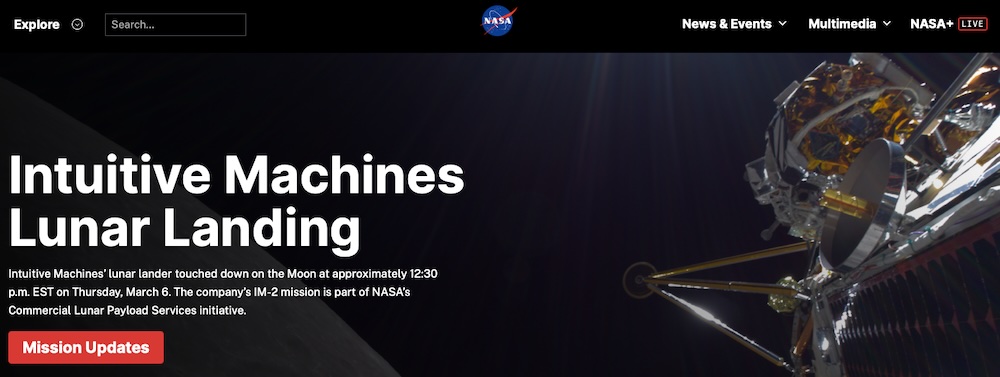 NASA homepage with test "intuitive machines lunar landing"