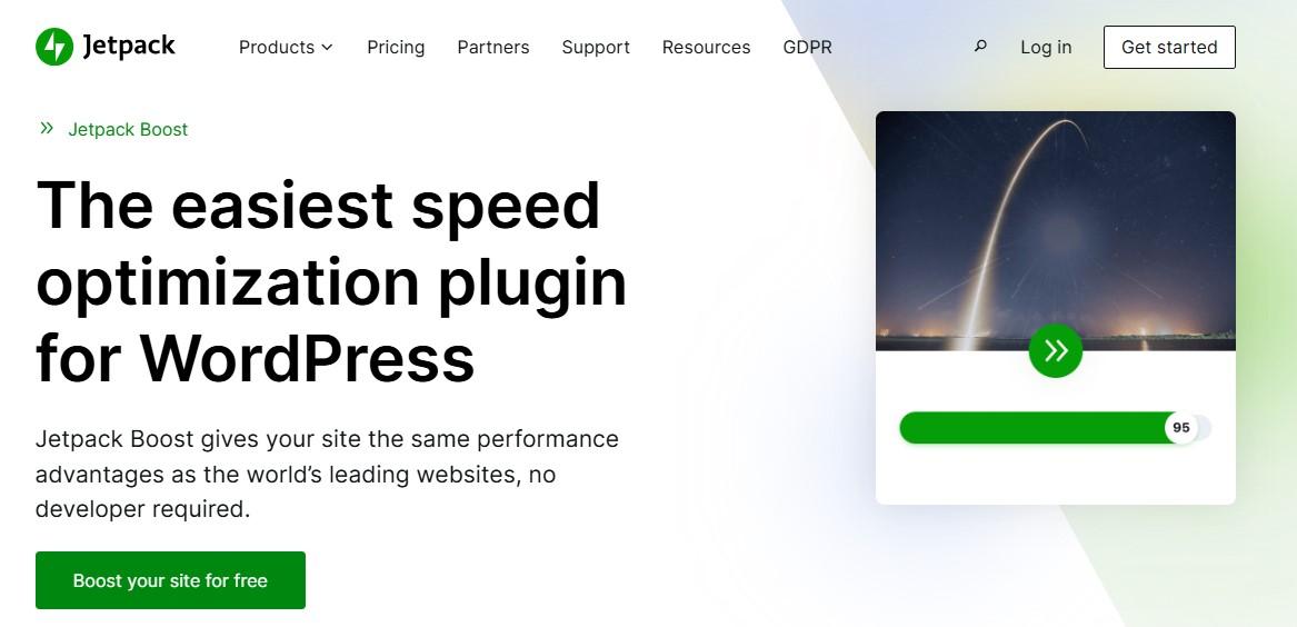 Jetpack Boost homepage with the text "the easiest speed optimization plugin for WordPress