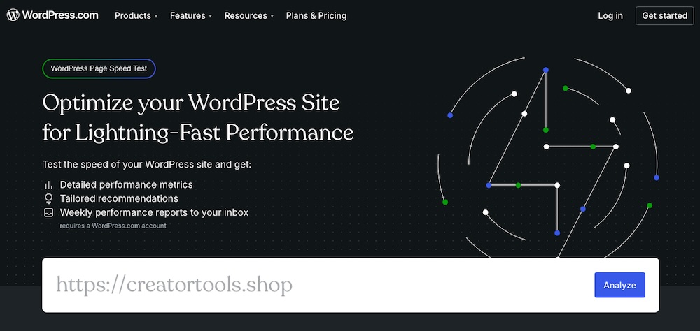 WordPress.com homepage with text "optimize your WordPress site for lightning-fast performance"