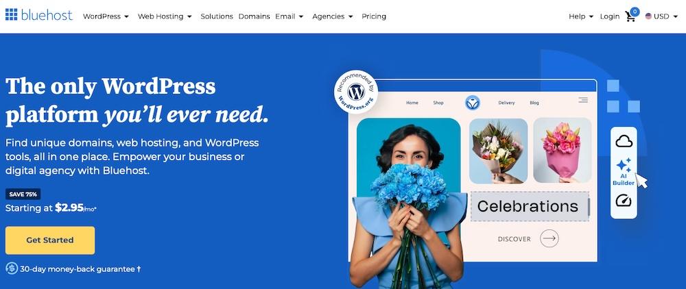 Bluehost homepage with the text "the only WordPress platform you'll ever need"