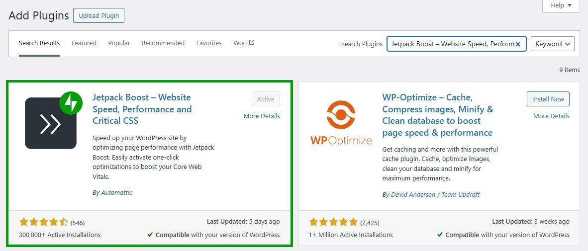 Jetpack Boost listing in the WordPress dashboard