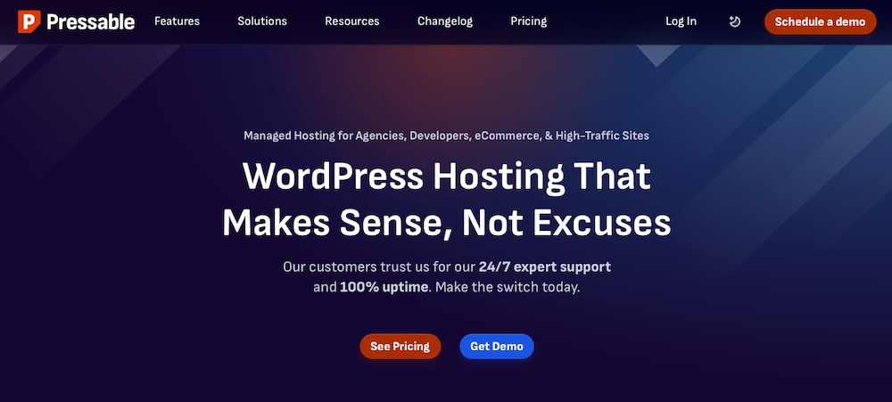 Pressable homepage with text "WordPress hosting that makes sense, not excuses"