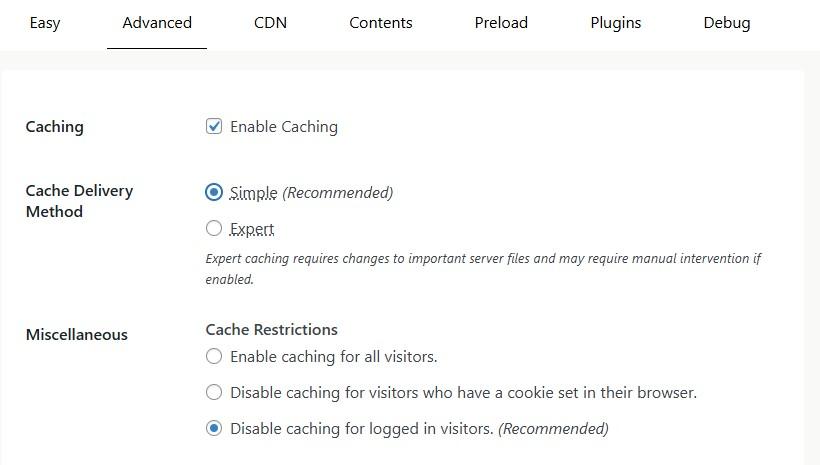 options for Simple and Expert caching