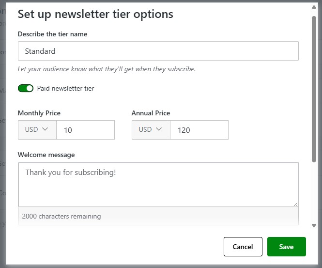 Configura opciones de niveles de pago del boletín con precios escalables y descuentos anuales.