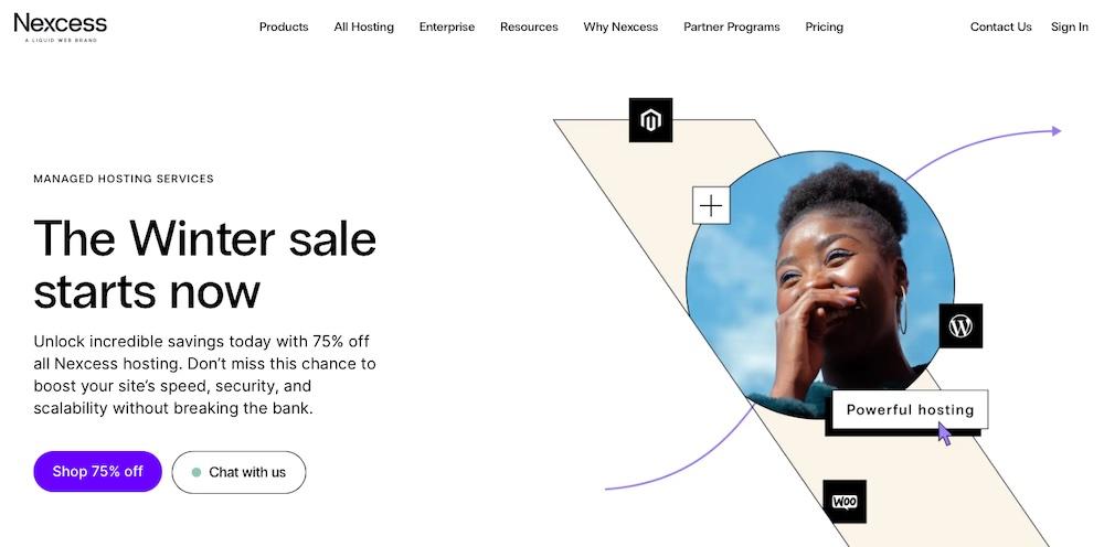 Nexcess homepage with information about discounts