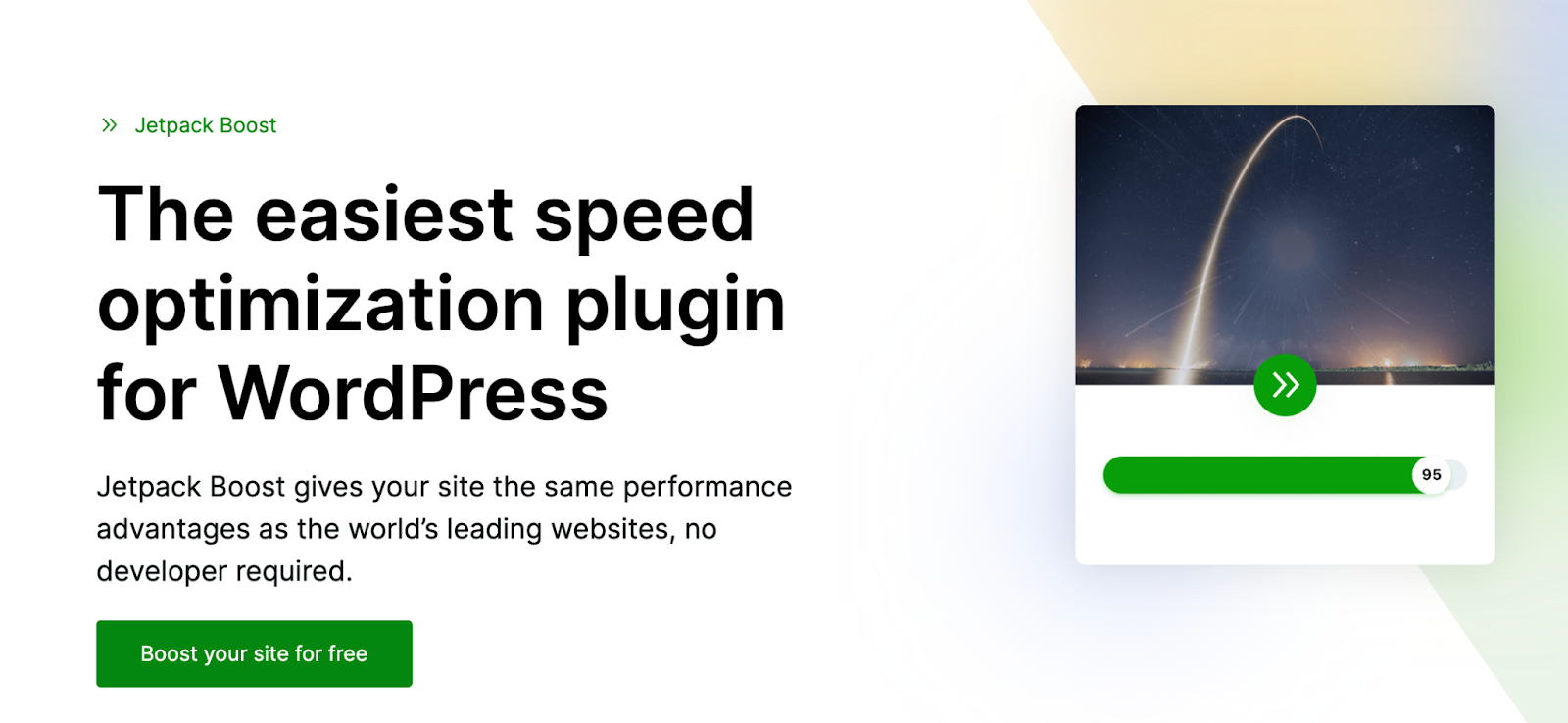 Jetpack Boost homepage with the text "the easiest speed optimization plugin for WordPress"