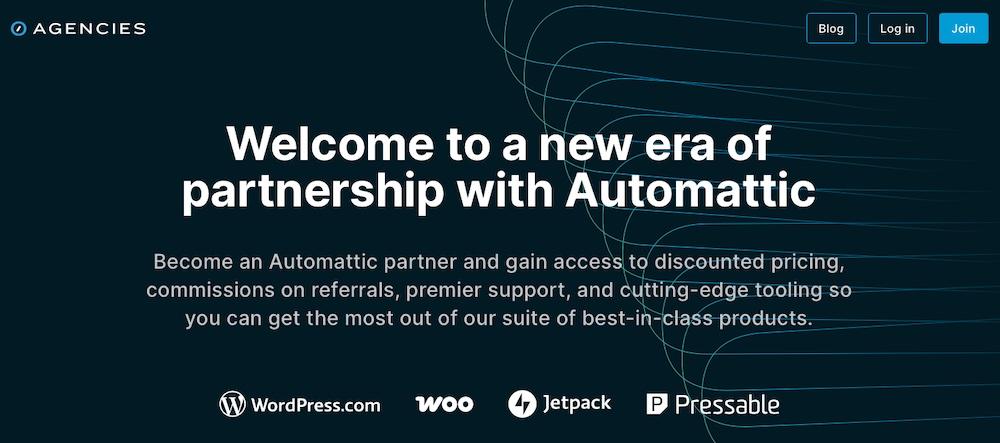 Automattic for Agencies landing page with text "welcome to a new era of partnership with Automattic"