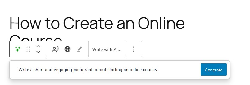 Jetpack AI en acción, aceptando una indicación en el editor de bloques para generar contenido.