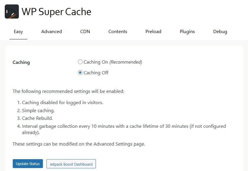 WP Super Cache options for turning caching off and on