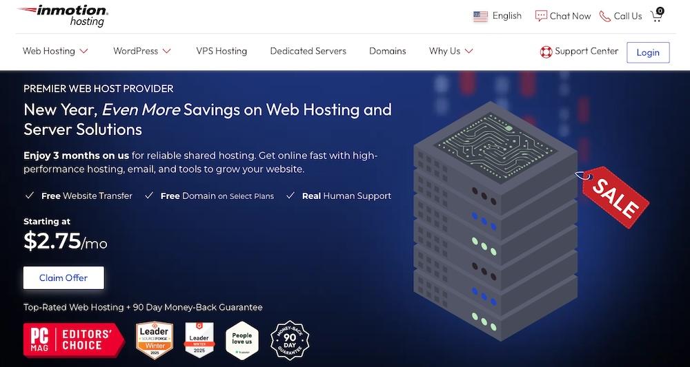 Inmotion Hosting homepage with offers and information about their plans