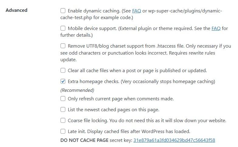 advanced options for WP Super Cache