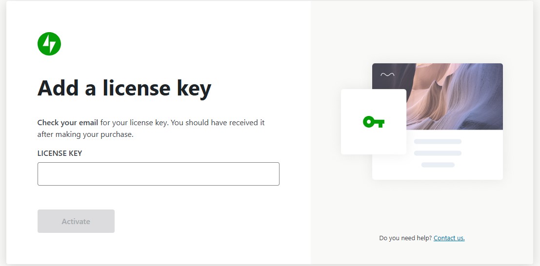 Jetpack prompt to add a license key with a title, paragraph, form field, and button - 'Activate'.