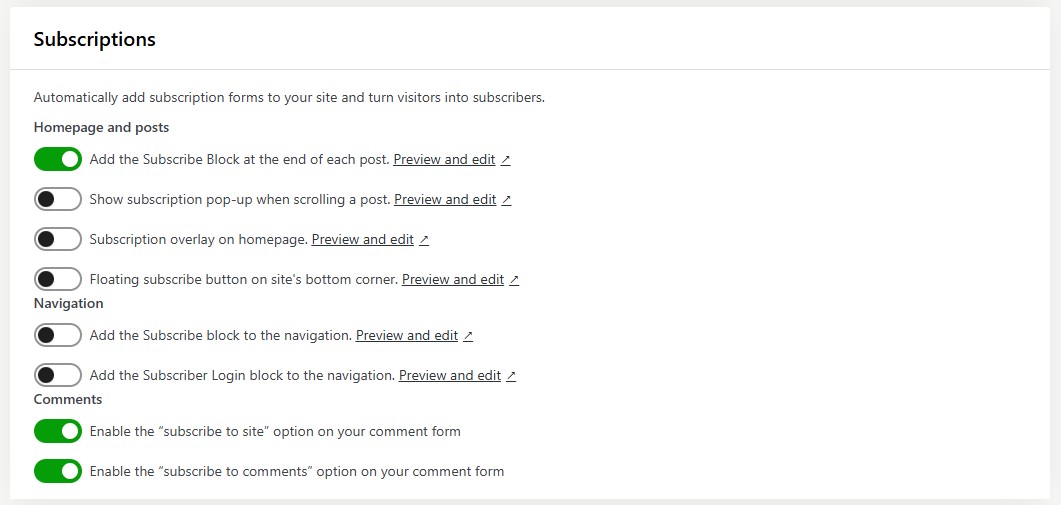 Jetpack Subscriptions settings being used to enable the Subscribe Block at the end of each post.