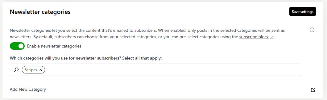 Jetpack Newsletter settings with categories enabled and 'recipes' being used for newsletter subscribers.