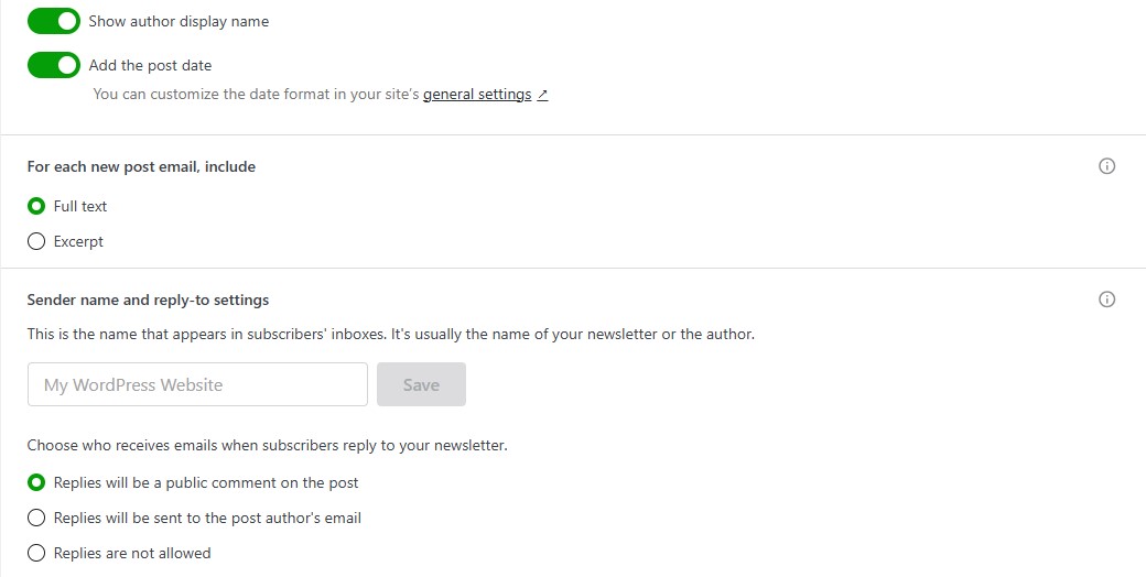 Email configuration settings, with 'Show author display name' and 'Add the post date' options enabled.