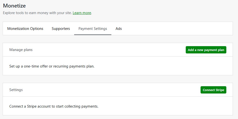 Monetize options screen in Jetpack with the Payment Settings selected, options to manage plans or payment gateways.