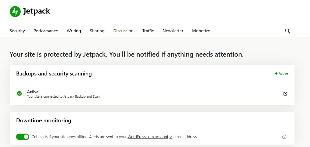 Jetpack security settings in WordPress