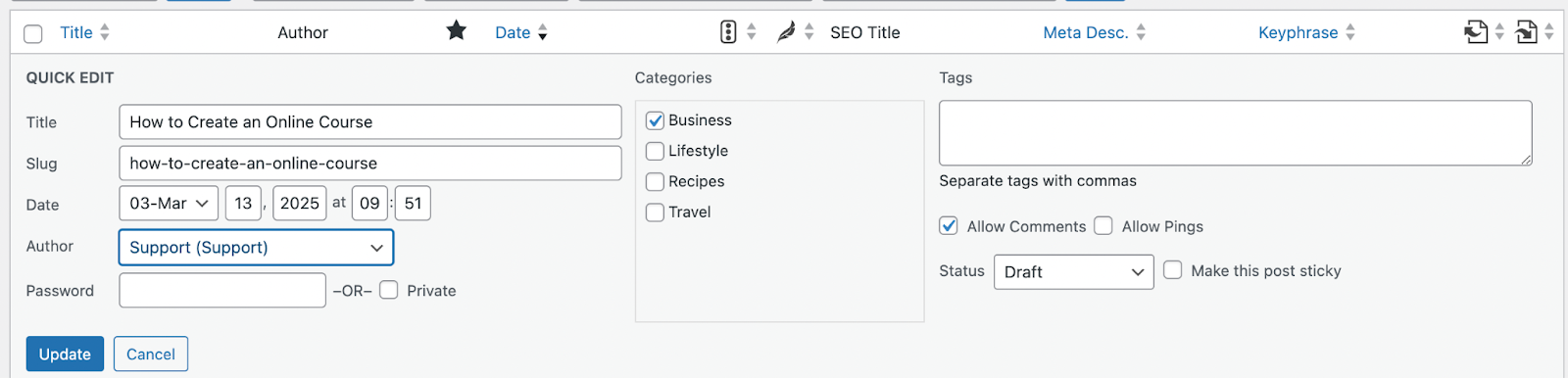 editing the author field in Posts --> All Posts