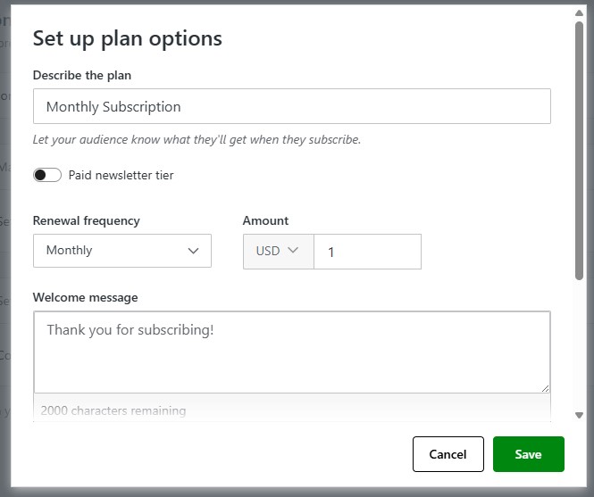 Set up plan options for paid content with Jetpack, displaying plan details such as frequency and cost.