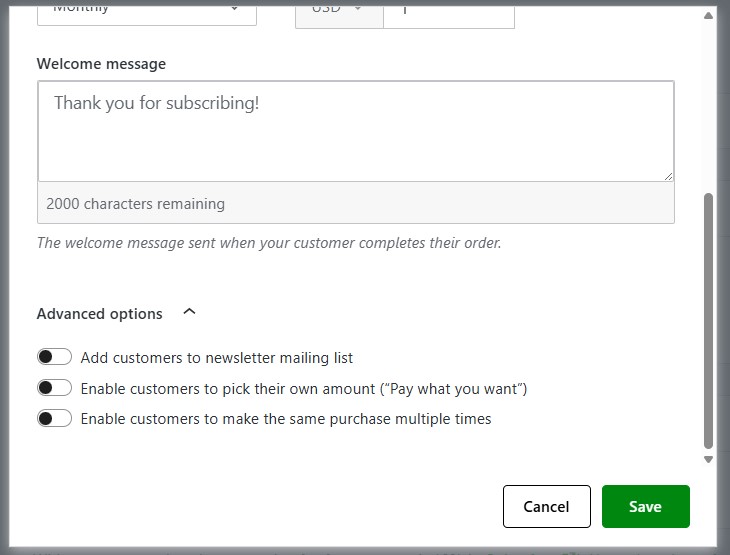 Advanced options in 'Set up newsletter tier options' that allow you to add customers to your newsletter along with other relevant options.