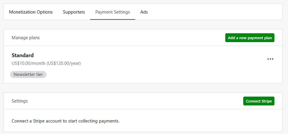 Monetize options screen in Jetpack with the Payment Settings selected, options to manage plans or payment gateways.