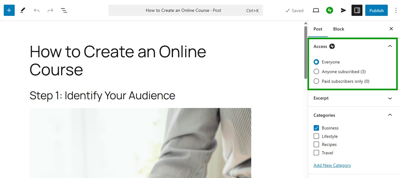 Content access options available in the block editor via Jetpack, allowing content to be viewed by anyone or subscribers only.