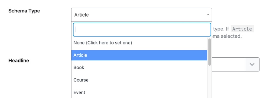 selecting a schema type with RankMath
