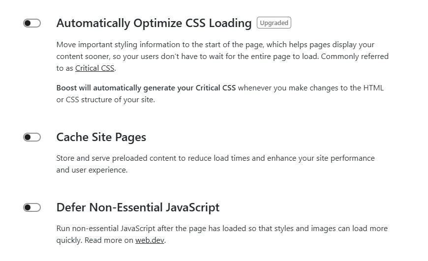 Jetpack Boost toggles for various performance features