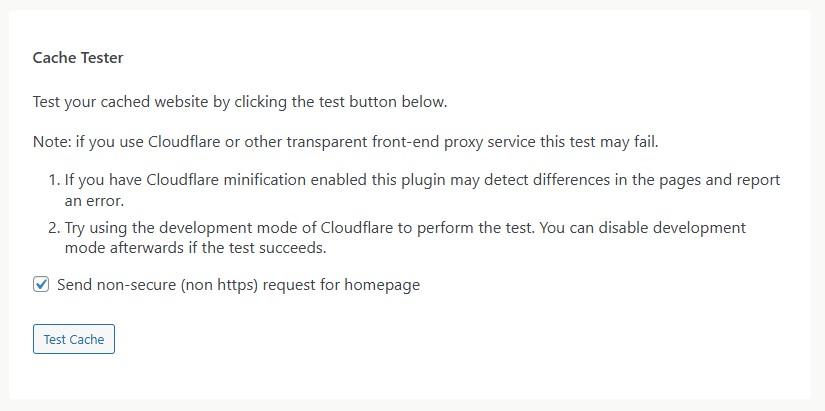 Cache Tester option in WP Super Cache