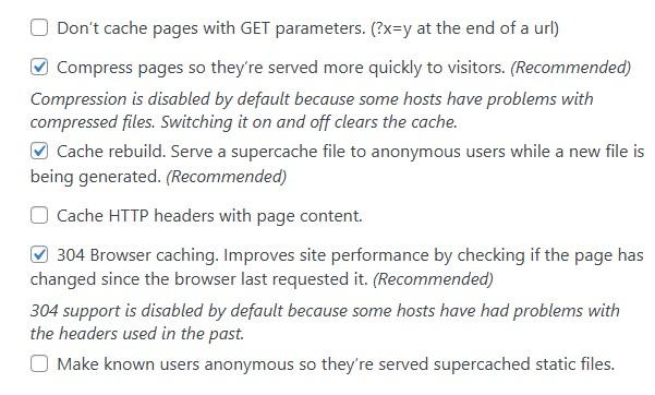 various WP Super Cache settings