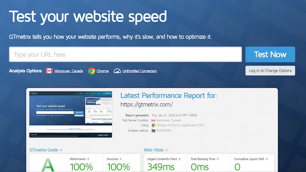 GTmetrix homepage with a bar to enter a URL