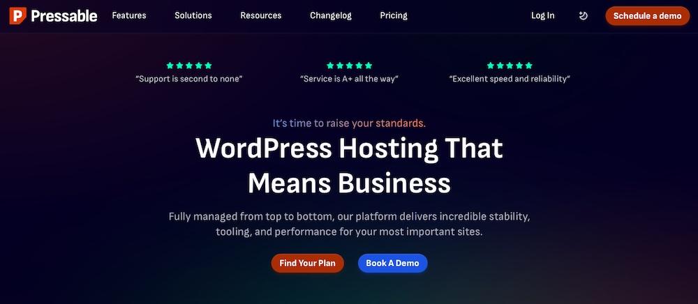 Pressable homepage with the text "WordPress hosting that means business"