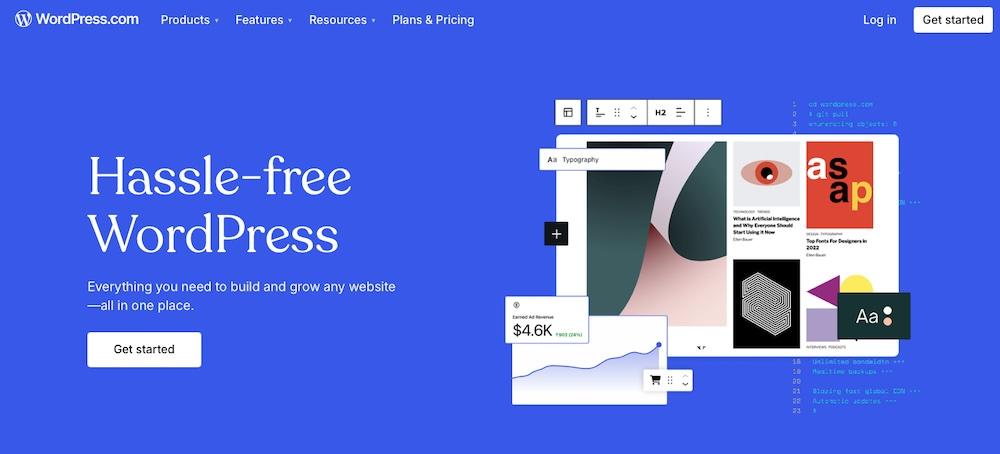 WordPress.com homepage with text "hassle-free WordPress"