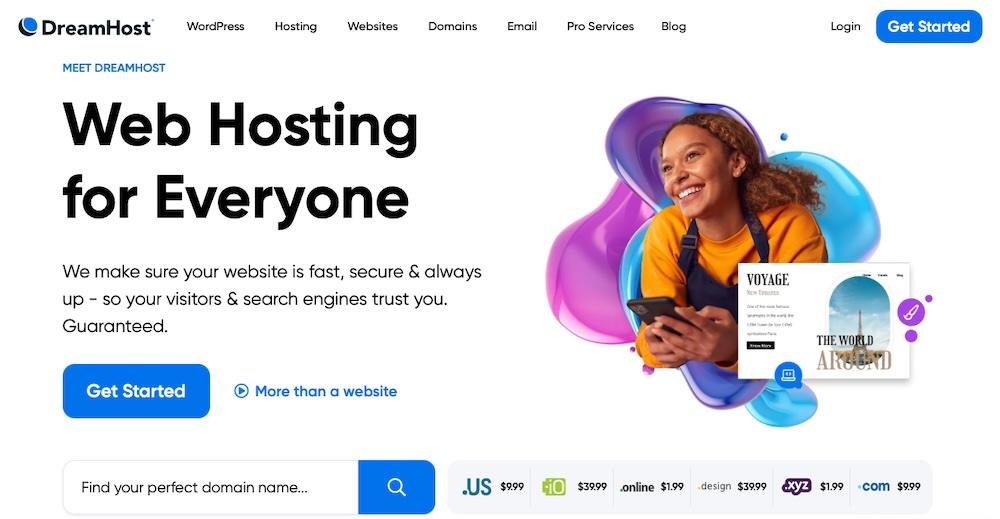 DreamHost homepage with text "web hosting for everyone"