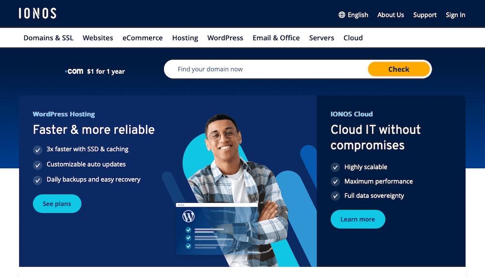 Ionos homepage with information about their Cloud hosting