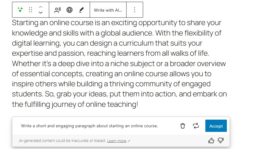 Jetpack AI at work accepting a prompt in the block editor for generating content, this time showing the actual generated text.