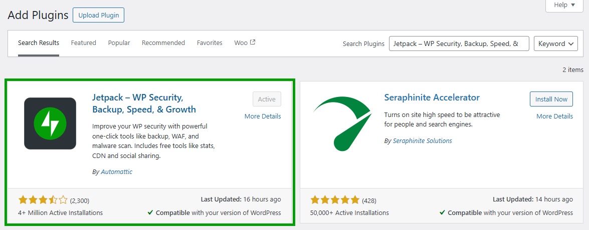 Jetpack shown in the WordPress Plugin Repository within the WordPress dashboard.