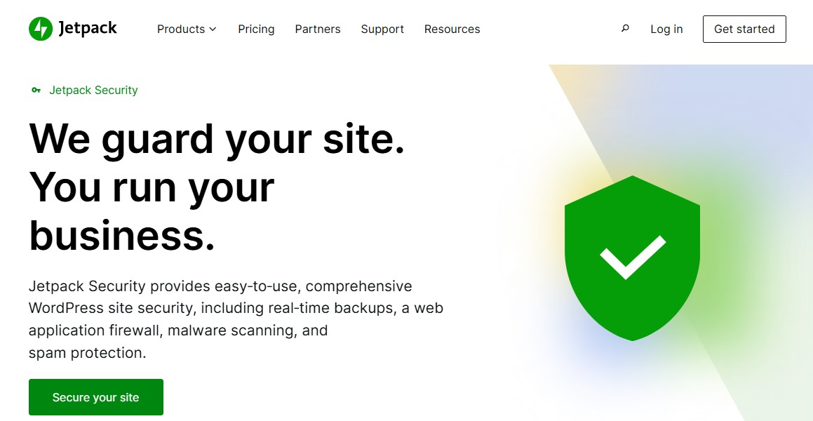 Jetpack Security page with the text "we guard your site. you run your business"