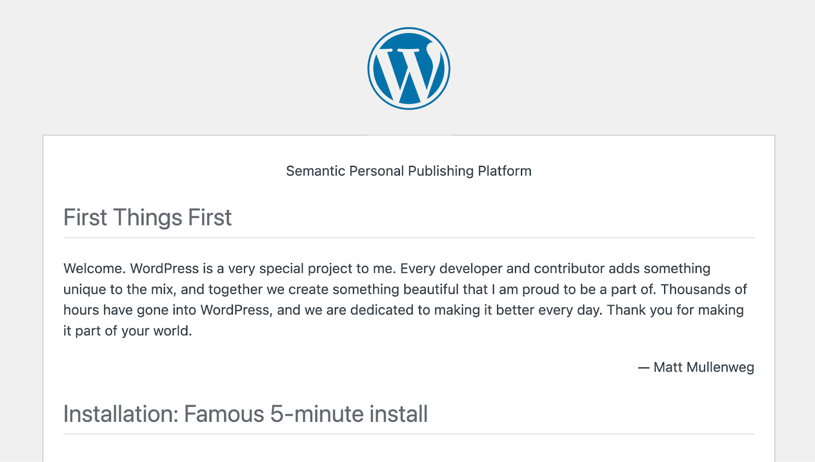 Famosa pantalla de instrucciones de instalación de WordPress en 5 minutos
