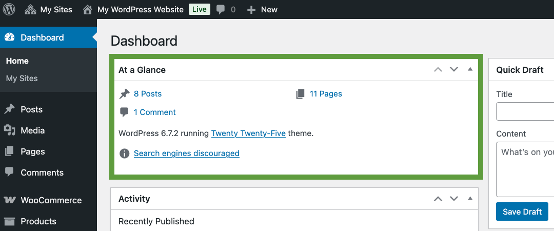 Sección «De un vistazo» del escritorio de WordPress