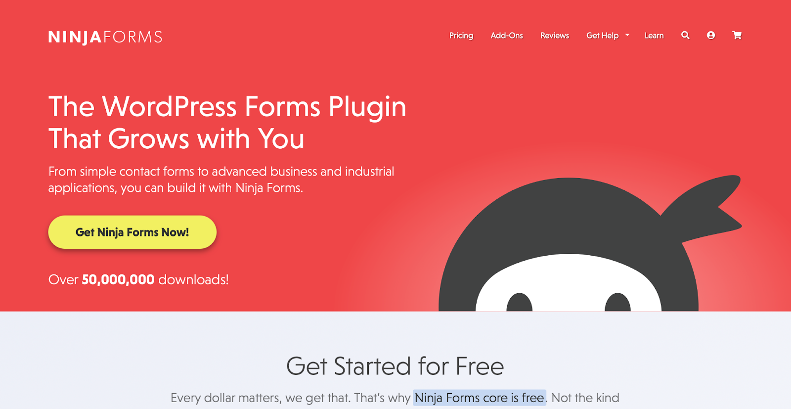 Página de inicio de Ninja Forms con el texto «el plugin de formularios de WordPress que crece contigo»