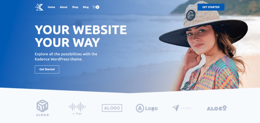 Kadence theme homepage with the text "your website, your way"