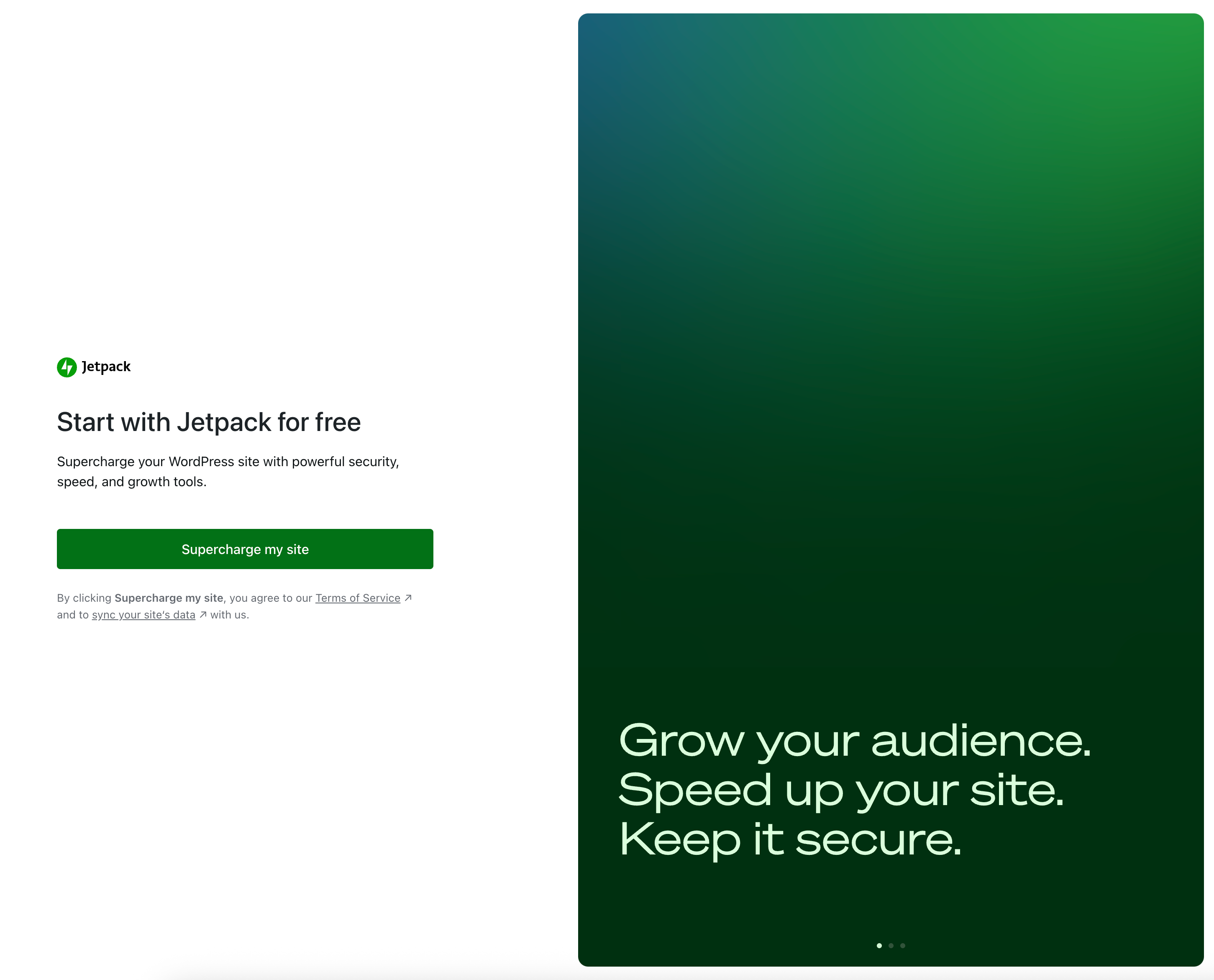 The Jetpack setup prompt banner in WP Admin with the Supercharge my site button