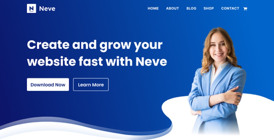 Neve theme page with the text "create and grow your website fast with Neve"