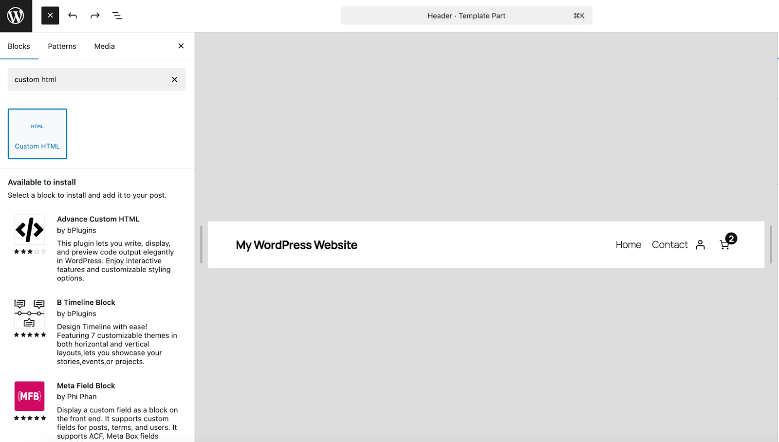 Custom HTML block in the WordPress block editor