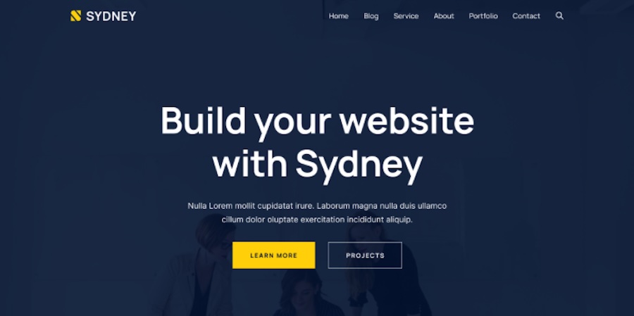 Sydney theme page with the text "build your website with Sydney"