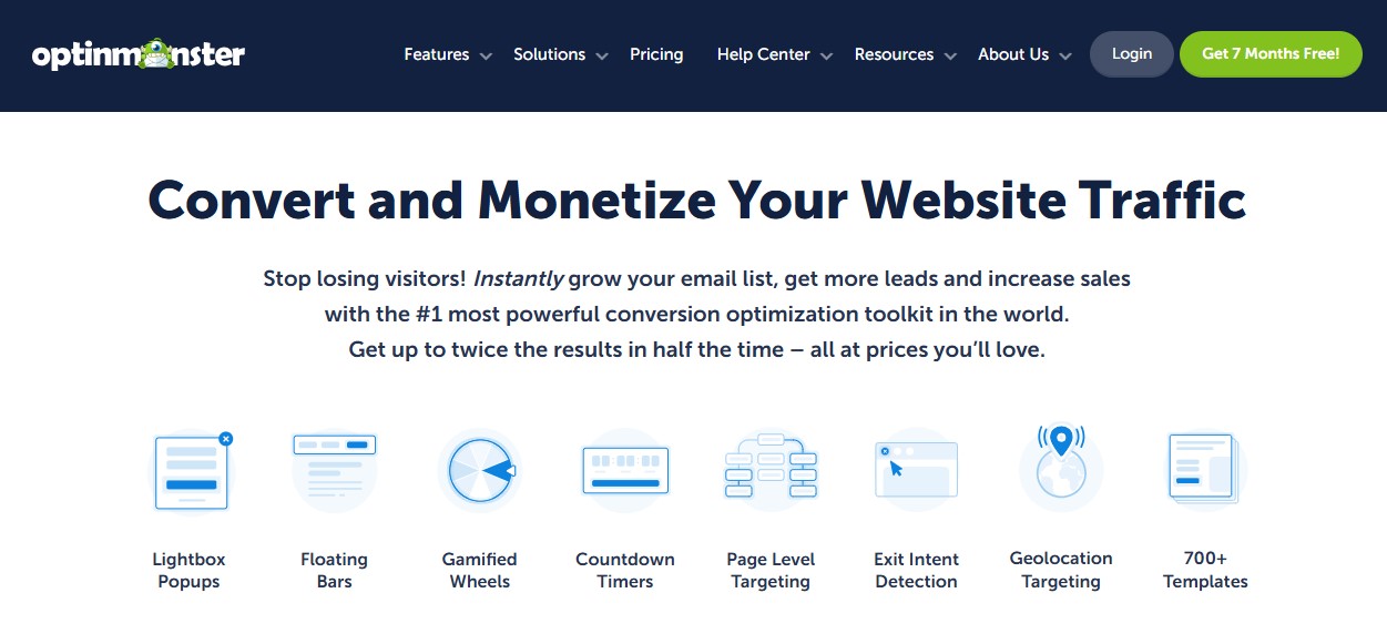 Optinmonester homepage with information about features