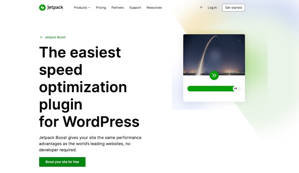 Jetpack Boost homepage with the text "the easiest speed optimization plugin for WordPress"