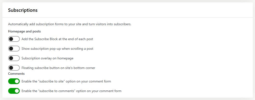 settings for email subscriptions